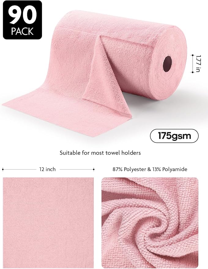 Fantasticlean Microfiber Cleaning Cloth Roll -90 Pack, Tear Away Microfiber Towels, 12" x 12", Reusable, Washable, Scratch Free, Ultra Absorbent Dish Rags for Car, Home, Garage or Shop (Pink)-DeskLoop Office