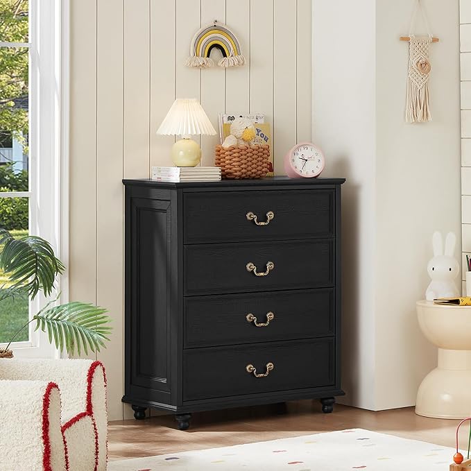 Farmhouse 4 Drawer Dresser Set of 2 for Bedroom, 37" Tall Rustic Chests of Drawers w/ 4 Solid Wood Feet, Mid Century Vintage Wooden Closet Storage Dressers Organizer for Living Room, Black-DeskLoop Office