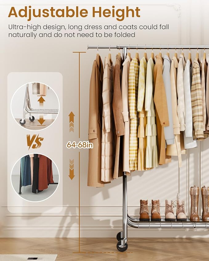 Heavy Duty Clothing Rack, Metal Clothes Rack Load 450 LBS, Rolling Coat Racks for Hanging Clothes with Lockable Wheels, Wardrobe Closet Garment Racks for Bedroom, Silver-DeskLoop Office