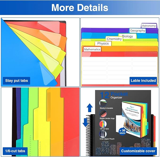 Forvencer 12 Pocket Project Organizer, 1/6-cut Tab Binder Organizer - Image 5