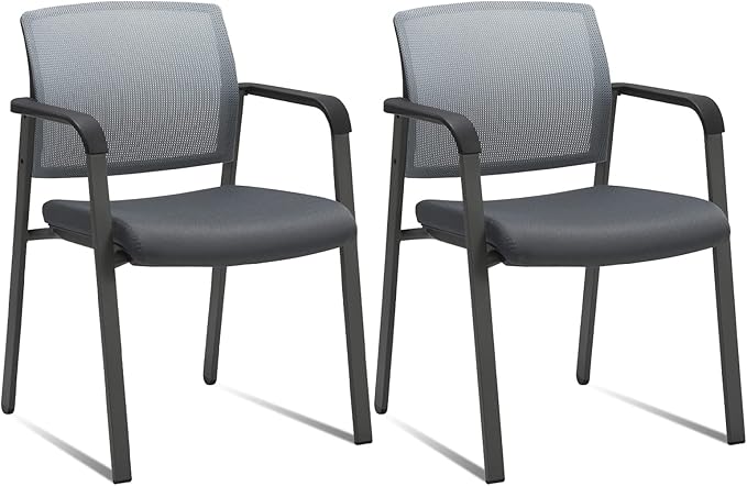 CLATINA Mesh Back Stacking Arm Chairs with Upholstered Fabric Seat and Ergonomic Lumbar Support for Office School Church Guest Reception Grey 2 Pack Set-DeskLoop Office