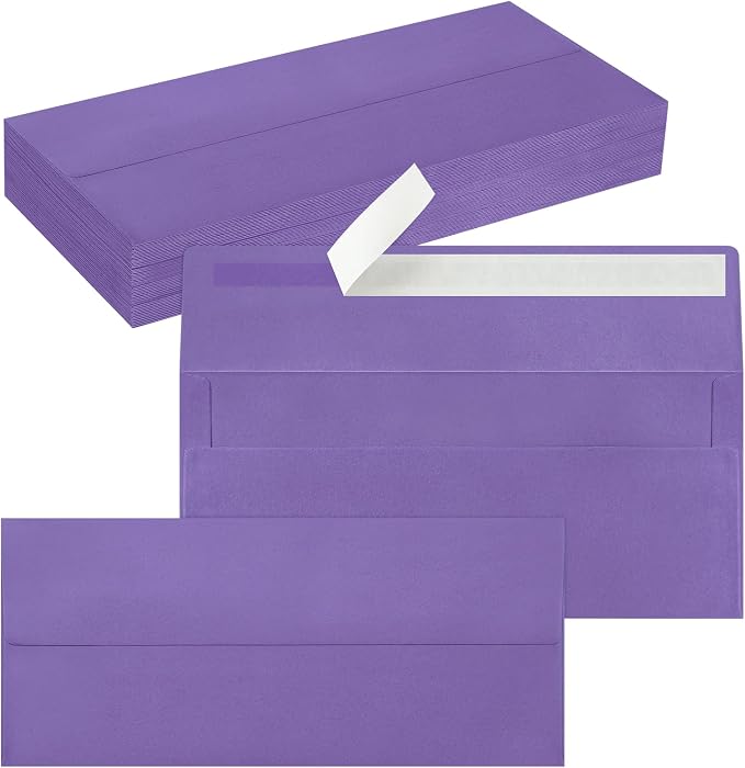 50 Pack #10 Business Envelopes, Self Seal Standard Purple Envelopes by QIKSION