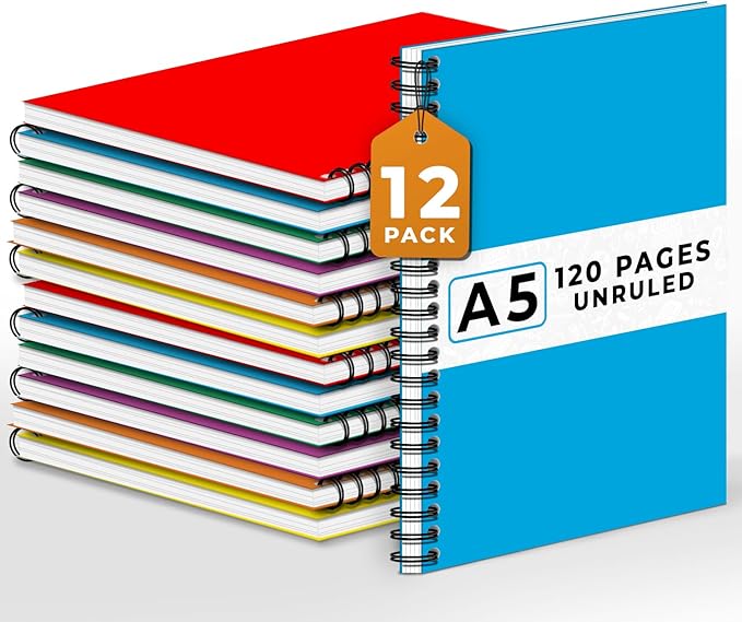 Blank Spiral Notebook, 12 Pack, 5.8 x 8.3, 120 Pages (60 Sheets), 100 GSM Unlined Drawing Notebooks, Assorted A5 Journals, No-Bleed, Sketching, Note Taking, Blank Journals for Office & School-DeskLoop Office