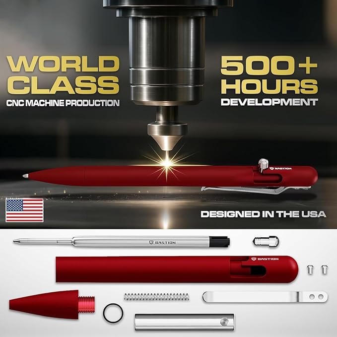 BASTION® Luxury Slim Bolt Action Pen, Lightweight Aluminum EDC Pen with Fine Tip, Professional Ballpoint Pen for School and Work - Red-DeskLoop Office