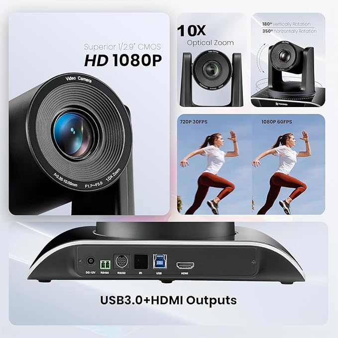 10x Zoom Conference Room Video Camera System, All-in-One HD 1080P 60fps 10X Optical Zoom USB3.0 HDMI PTZ Camera and Bluetooth Conference Speaker with Microphones Bundle for Medium Room-DeskLoop Office