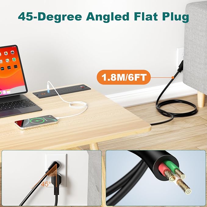 QBA Recessed Power Strip with USB-C 65W, 4 Outlets 2 USB-C & 2 USB-A Ports, Mountable Desk Outlet for Conference Furniture, 45° Angled Flat Plug 6FT Cord, Black-DeskLoop Office