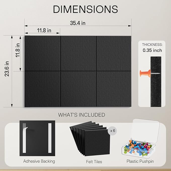 MaxGear Felt Bulletin Board 36" x 24", 6 Pack 11.8" x 11.8" Wall Panels - Image 4