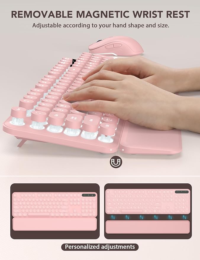 Wireless Keyboard and Mouse Backlit - Typewriter Keyboard with Retro Round Keycaps, Detachable Wrist Rest, Light Up Letters, 2.4G Rechargeable Combo for Mac, Windows, PC, Laptop, Trueque (Pink)-DeskLoop Office