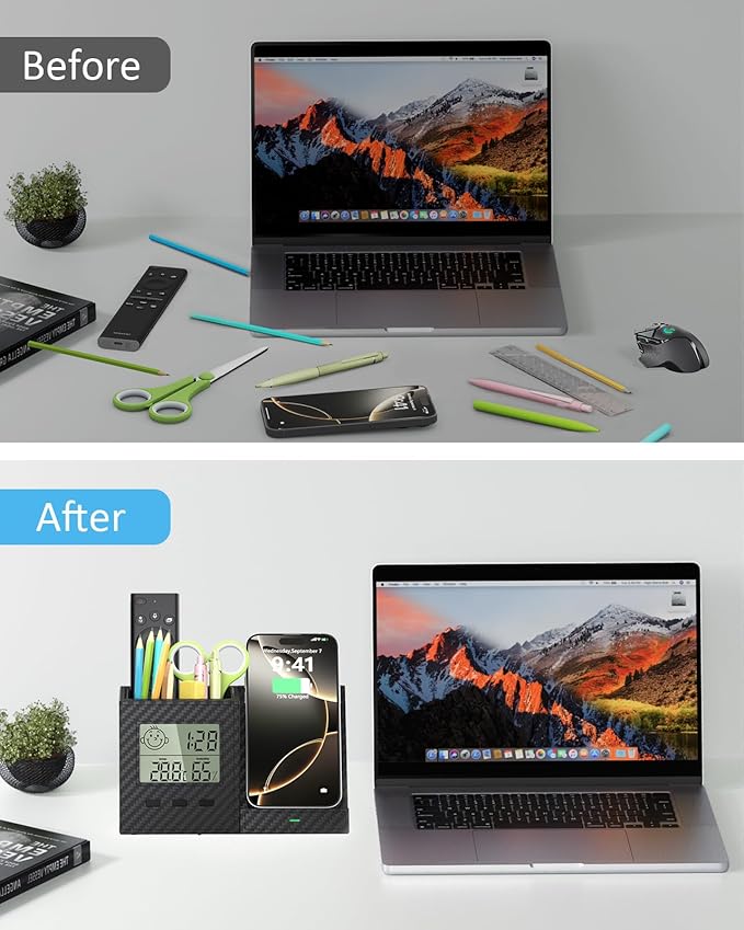 Multifunctional Pen Holder and Organizer for Desk with Wireless Charger, Digital Indoor Thermometer and Humidity Gauge, Home Office Organizers and Storage (Battery Included)-DeskLoop Office