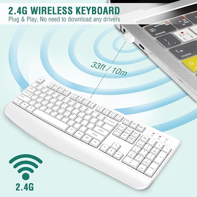 EDJO Wireless Keyboard, 2.4G Ergonomic Full Size Wireless Computer Keyboard with Wrist Rest for Windows, Mac OS Desktop/Laptop/PC（White）-DeskLoop Office