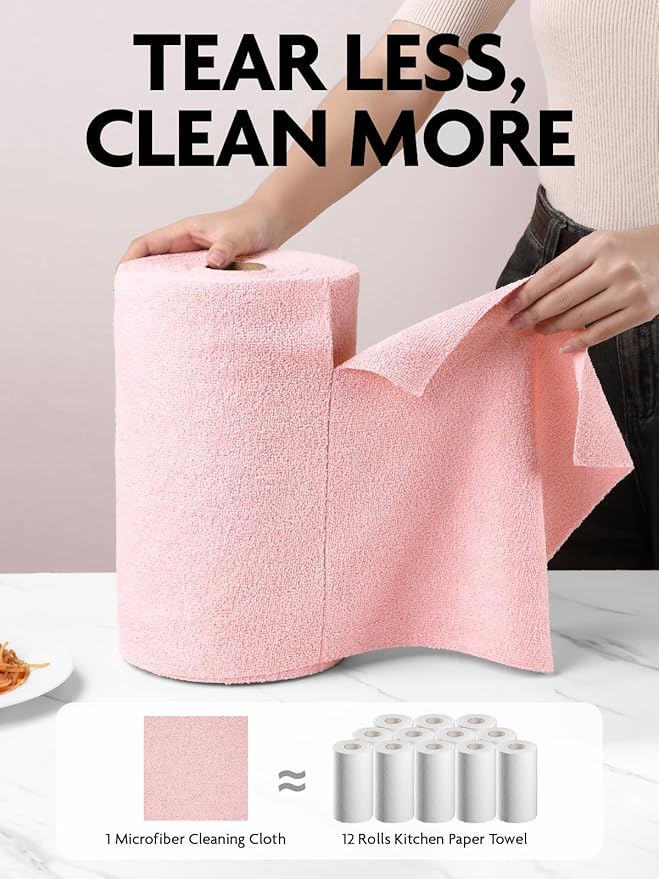 Fantasticlean Microfiber Cleaning Cloth Roll -90 Pack, Tear Away Microfiber Towels, 12" x 12", Reusable, Washable, Scratch Free, Ultra Absorbent Dish Rags for Car, Home, Garage or Shop (Pink)-DeskLoop Office