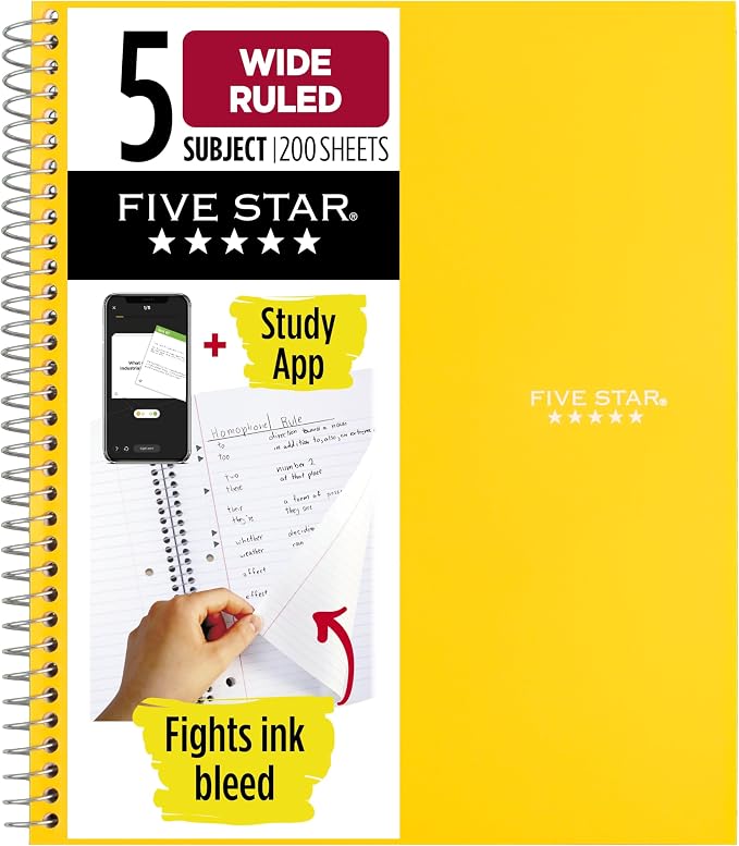 Five Star Spiral Notebook + Study App, 5 Subject, Wide Ruled Paper, 200 Sheets by FiveStar
