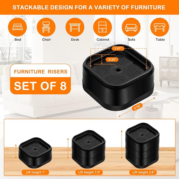 shouwuhho 8 Pack Furniture Risers Adjustable Bed Risers Heavy Duty Lifts Height - Image 2