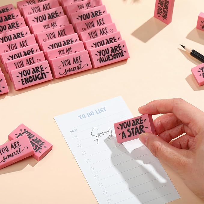 PerKoop 100 Pcs Pcs Inspirational Pink Erasers Bulk Small Motivational Block Pencil Erasers Back to School Gifts for Classroom Students Teachers Office Stationery Supplies-DeskLoop Office