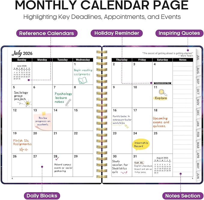 Planner 2026–2027, Academic Monthly Weekly Spiral Calendar, July 2026 – June - Image 2