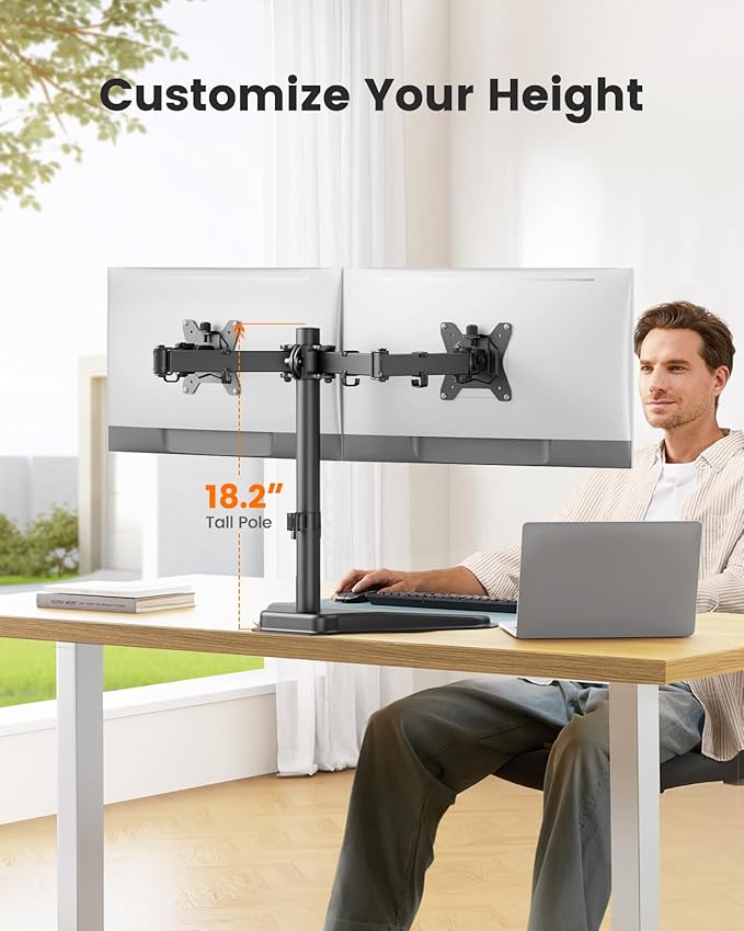 ErGear Freestanding Dual Monitor Stand for 2 Screens up to 32 inch, Heavy Duty Monitor Mount Holds Max 22 lbs per Arm, Height Adjustable Computer Monitor Stand for Desk, VESA 75x75/ 100x100mm, Black-DeskLoop Office