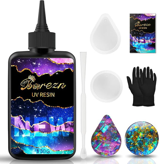 Bsrezn 100g UV Resin Hard with 2 Molds, 2 Pairs of Gloves and 1 Stirring Stick Crystal Clear Premixed Resina UV for Jewelry Making (100g)