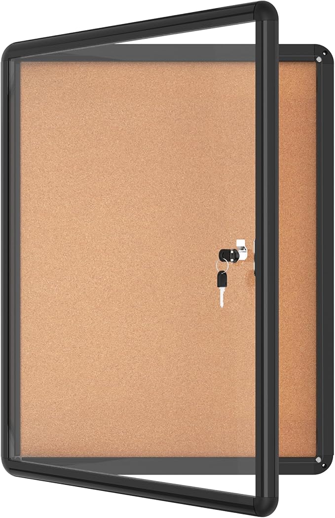 26"x20" Enclosed Bulletin Board, Lockable Weather-Resistant Aluminum Cork Noticeboard for School & Office, Black Frame w/Cork-DeskLoop Office