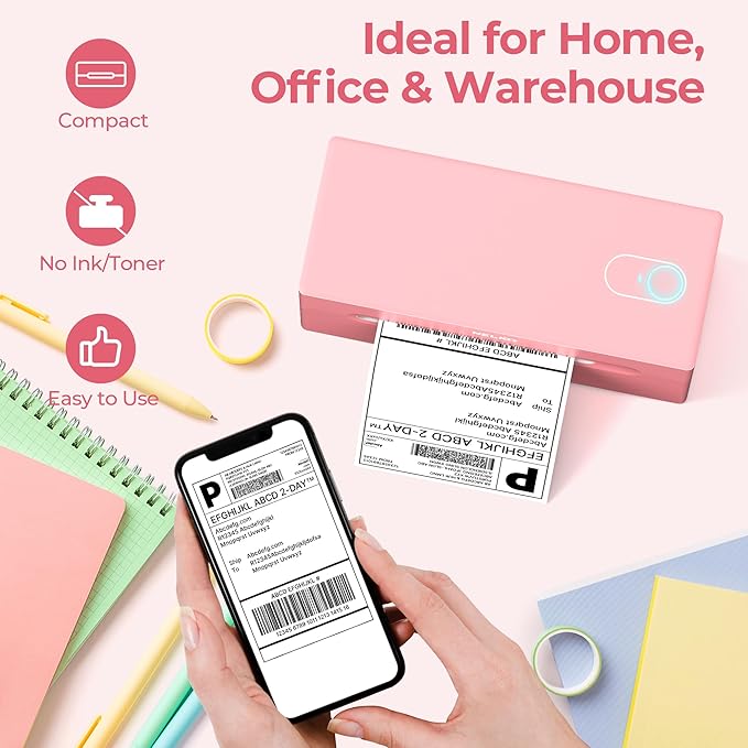 Nelko Bluetooth Thermal Shipping Label Printer, Wireless 4x6 Shipping Label Printer for Small Business, Support Android, iPhone and Windows, Widely Used for Amazon, Ebay, Shopify, USPS(Pink)-DeskLoop Office