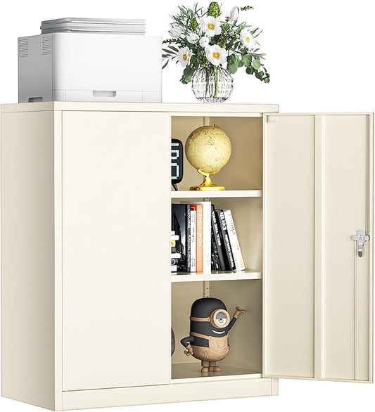 INTERGREAT Metal Cabinet with Lock, Lockable Metal Storage Cabinets with Doors and Shelves for Garage, Cream Grey Locking Garage Storage Cabinets 36"×32"×16"-DeskLoop Office