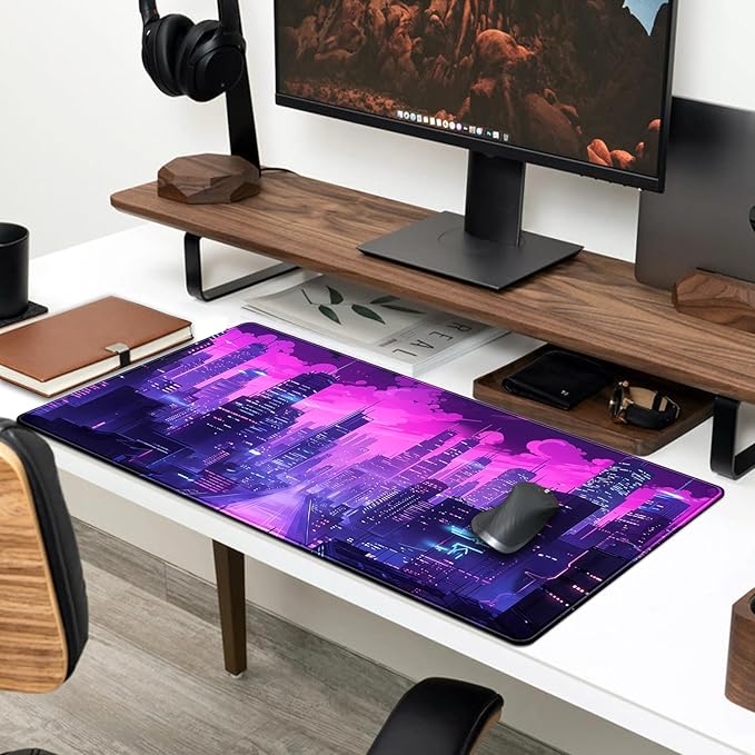 Desk Pad Cyberpunk Purple Desk Mat City Skyline Gaming Extended Mouse Pad Big Office Keyboard Pc Laptop for Women Large Mousepad with Stitched Eges Non-Slip Base Mouse Keyboard Mat 31.5x11.8 in-DeskLoop Office