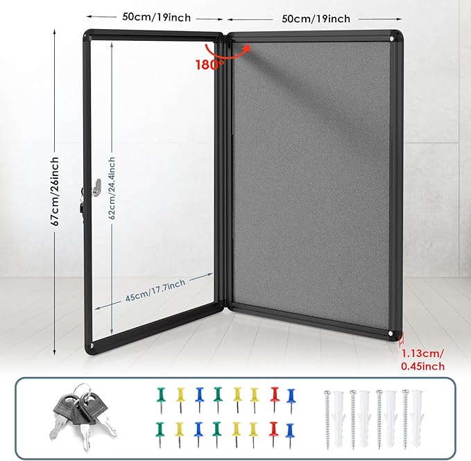 Enclosed Bulletin Board Lockable Display Case Message Board with Locking Door for Indoor, Grey Felt, Black Aluminum Frame, 26 X 20 in-DeskLoop Office