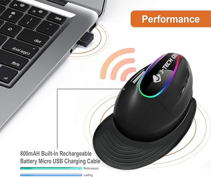 J-Tech Digital Ergonomic Mouse with Wireless Connection, Removable Palm Rest, Thumb Buttons, Rechargeable Battery, 800 DPI, Compatible with Windows and MAC OS-DeskLoop Office
