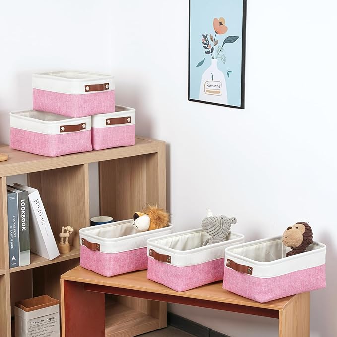 DULLEMELO Small Storage Baskets 6 Pack, Fabric Collapsible Gift Storage Baskets for Shelves, Closets, Nursery, Home, Office Organizing,Small Canvas Linen Rectangular Storage Bins (6-Pack, White&Pink)-DeskLoop Office