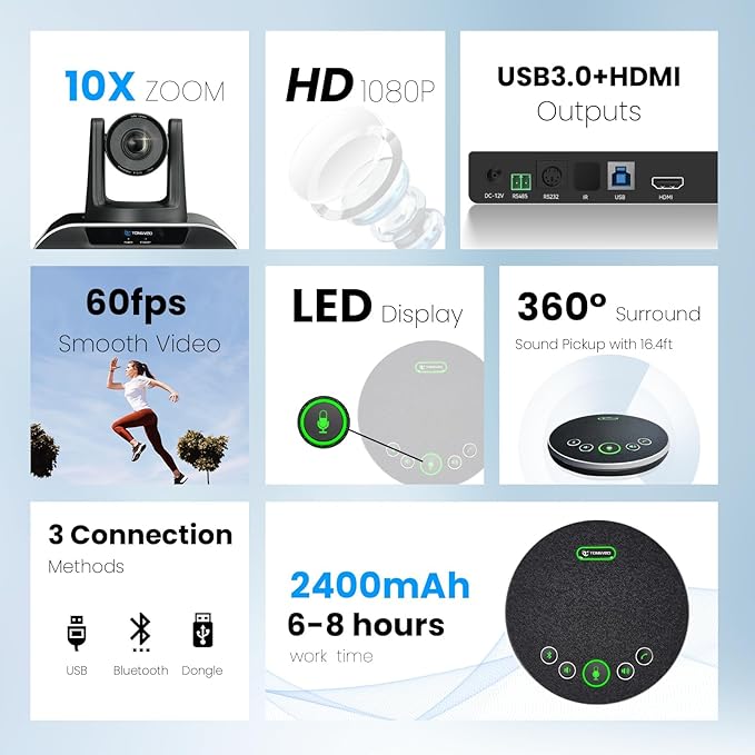 10x Zoom Conference Room Video Camera System, All-in-One HD 1080P 60fps 10X Optical Zoom USB3.0 HDMI PTZ Camera and Bluetooth Conference Speaker with Microphones Bundle for Medium Room-DeskLoop Office
