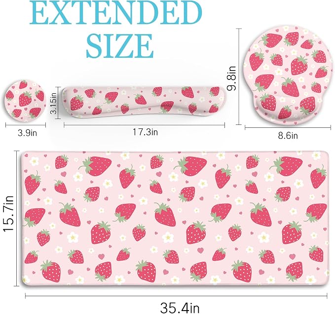 LIMKRIAN Strawberry Mouse Pad Desk Mat Set, Large Gaming Mousepad Wrist Support - Image 6