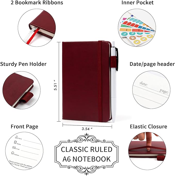 feela 6 Pack Pocket Mini Notebooks Bulk, Small Cute Memo Notepads Hardcover College Ruled Lined Journals with Pen Holder for School Business Work, with 6 Black Pens, 3.5”x 5.5”, A6, Wine-DeskLoop Office
