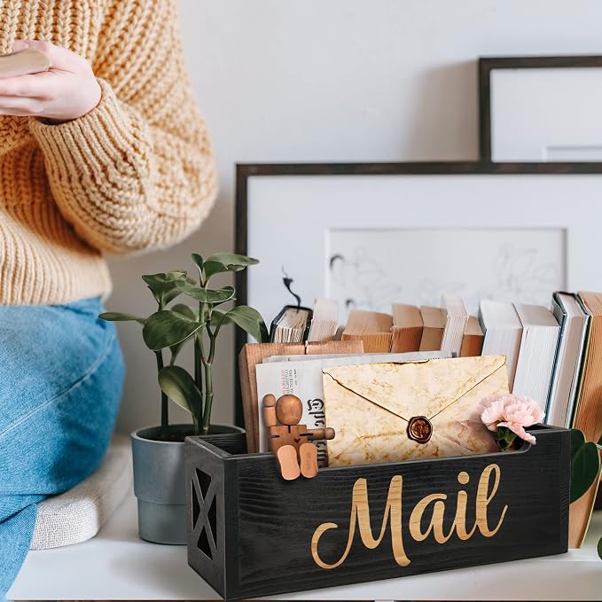 Mail Organizer Mail Holder Countertop, Rustic Wooden Mail Basket Mail Tray - Image 2