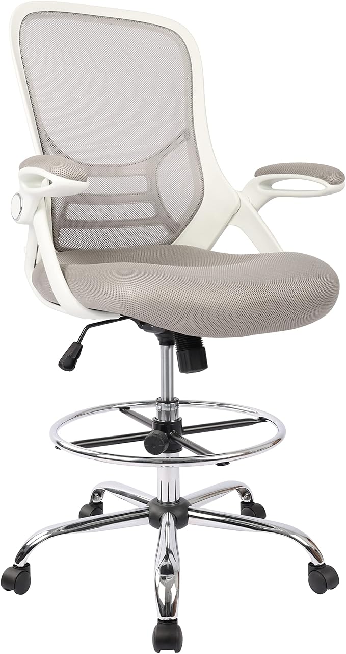 HYLONE Drafting Chair, Tall Office Chair Standing Desk Stool with Adjustable Foot Ring, Flip-Up Arms, Mesh High-Back Drafting Table Chair, White & Grey-DeskLoop Office