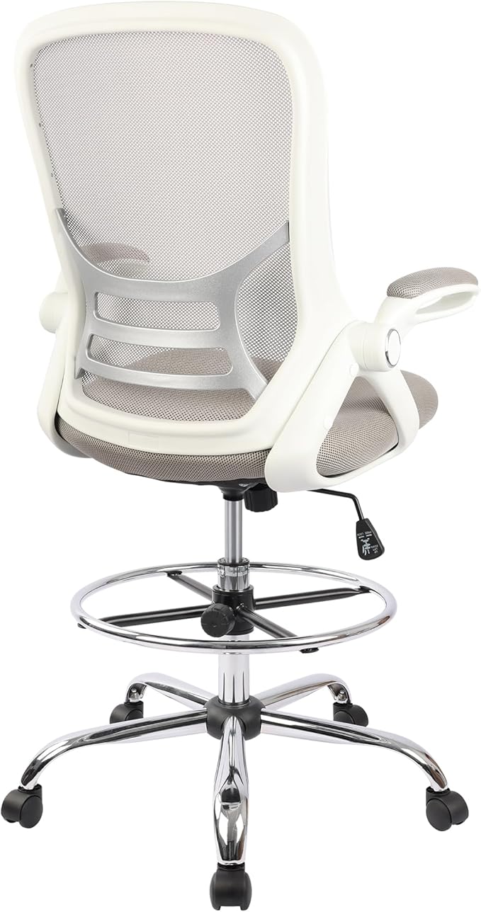 HYLONE Drafting Chair, Tall Office Chair Standing Desk Stool with Adjustable Foot Ring, Flip-Up Arms, Mesh High-Back Drafting Table Chair, White & Grey-DeskLoop Office