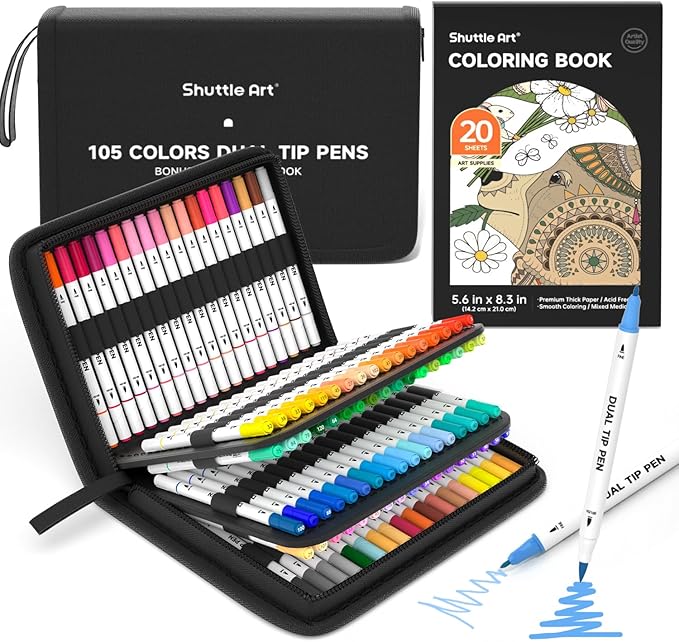 Shuttle Art Dual Tip Brush Marker Pens, 105 Colors Fine and Brush Tip Markers Set in Portable Case with 1 Coloring Book for Kids, Water-based Ink Adult Artist Coloring Calligraphy Journal Doodling-DeskLoop Office