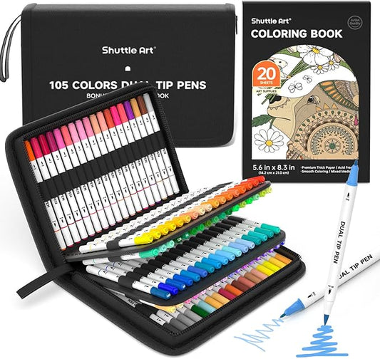 Shuttle Art Dual Tip Brush Marker Pens, 105 Colors Fine and Brush Tip Markers Set in Portable Case with 1 Coloring Book for Kids, Water-based Ink Adult Artist Coloring Calligraphy Journal Doodling-DeskLoop Office