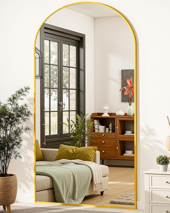 Full-Length Floor Mirror with Stand, 78"x38" Arched Style Full Body Standing Mirror for Bedroom, Living Room, Gym, Dorm - Shatter-Resistant & Easy Assembly, Gold-DeskLoop Office