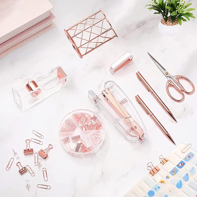 Famassi Rose Gold Desk Accessories，Office Supplies Set Acrylic Stapler Set - Image 6