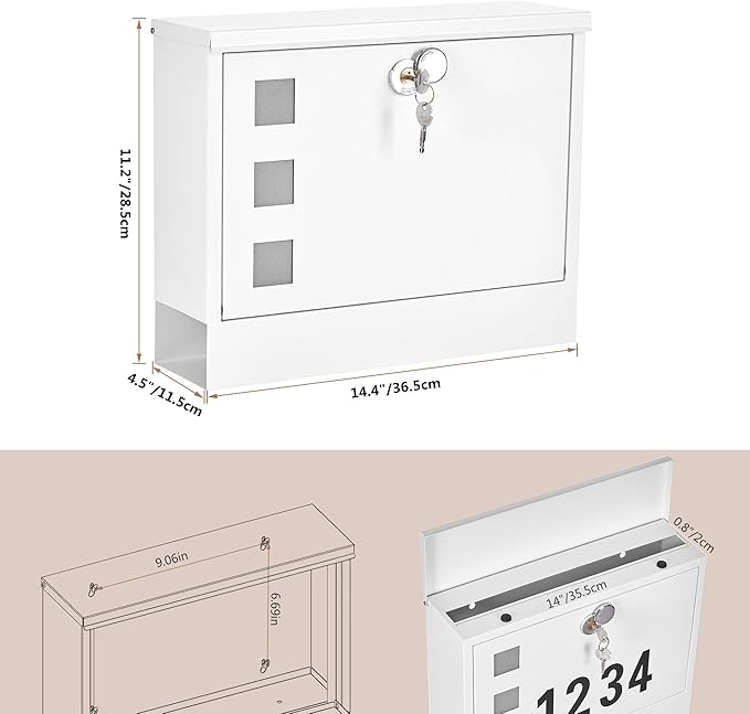 LAND·VOI Locking Mailbox Wall Mounted, Metal Postbox with Three Sets of Mail Box Number Stickers, 4 Keys, 14.4" x 4.5" x 11.2", Large Capacity, Textured White, AMB11W-DeskLoop Office