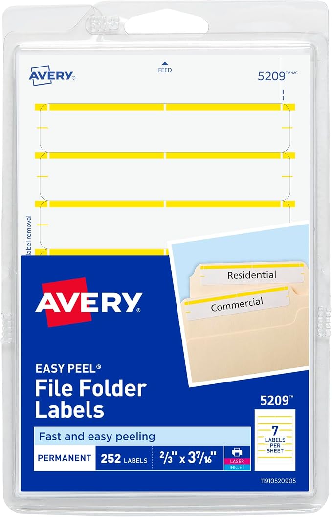 Avery File Folder Labels on 4" x 6" Sheets, Easy Peel, Print or Write, 2/3" x by Avery