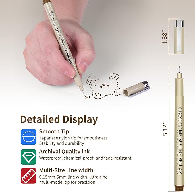 Brown Micro Pens, 12 Sizes in 0.23mm - 5mm, Waterproof Archival Ink, Fine Point Pen for Artist Illustration, Sketching, Anime, Manga and Technical Drawing-DeskLoop Office