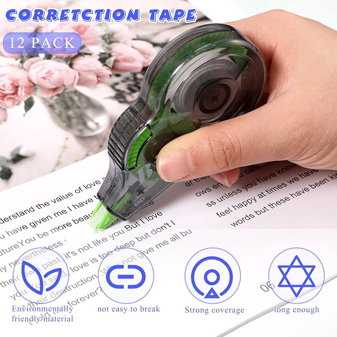 Yexiya 12 Pieces Correction Tapes Original Correction Wide Eraser Applicator Easy to Use Applicator Translucent Tapes Shows for Office Note Journal Scrapbooking, 0.2 Inch x 39.4 Feet