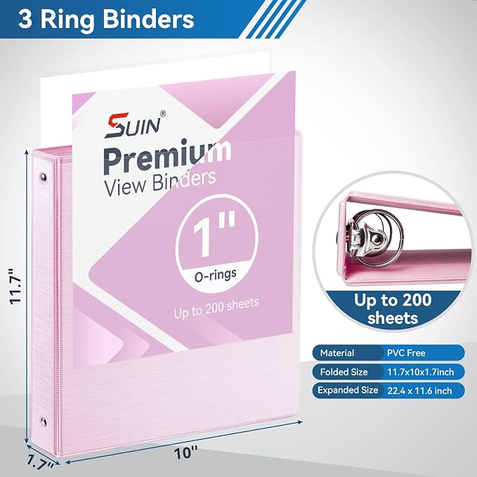 SUIN 1-inch 3 Ring Binder with 2 Interior Pockets, and School Use, 6 Pack Brush - Image 2