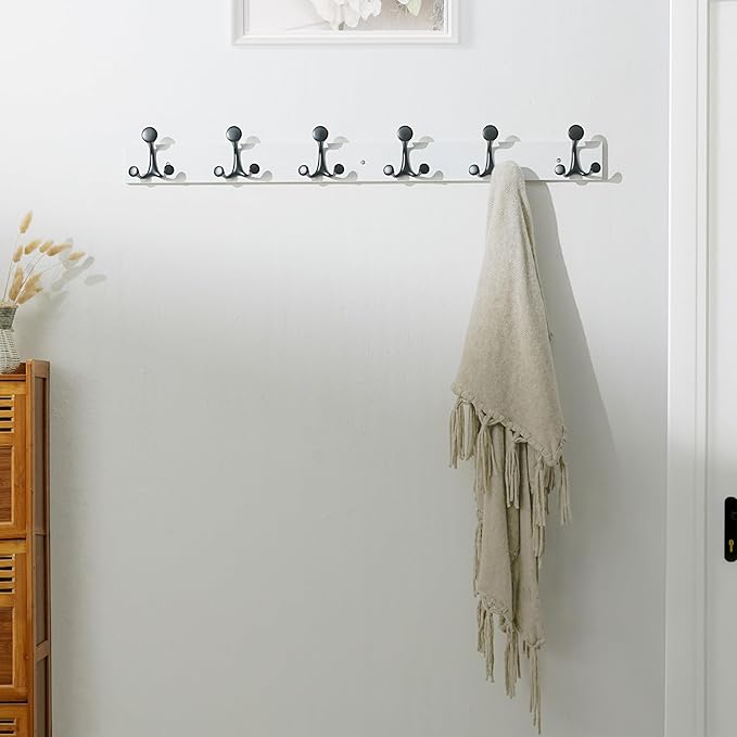 SKOLOO 39-Inch White Wood Coat Rack Wall Mount with 6 Triple Hooks - Ideal for Family Entrances, Classrooms, and Pet Supplies Storage - Perfect Coat Hooks for Wall, Pack of 2-DeskLoop Office
