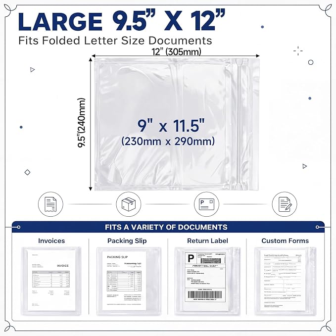 Glenmal 100 Pcs 9.5" x 12" Resealable Packing List Envelopes Clear - Image 2