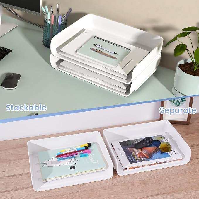 Tomorotec Desk Letter Tray Set, A4 Size White Stackable Document Organizer - Image 2