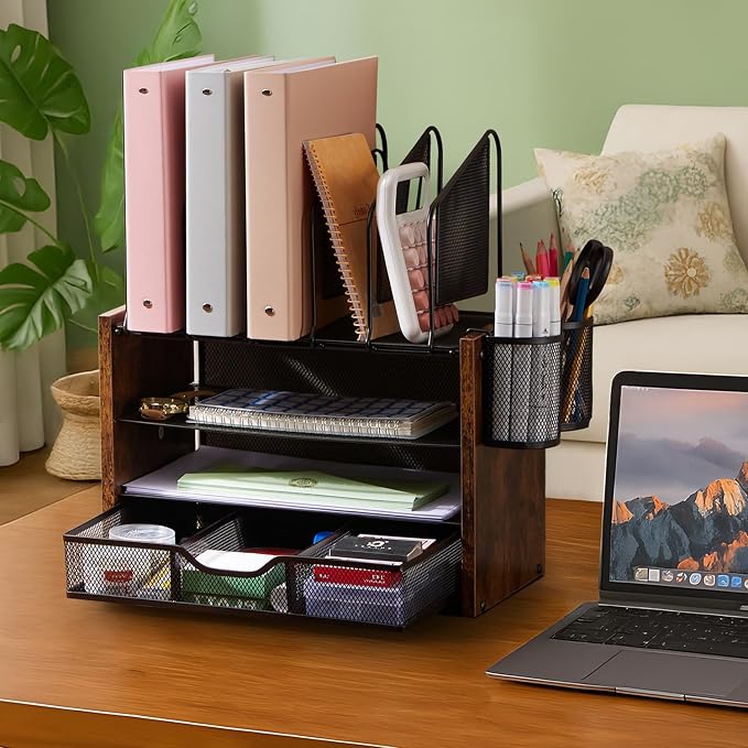Y YOMA Wooden Desk Organizer, 4-Tier Mesh Desk Organizer - Image 2
