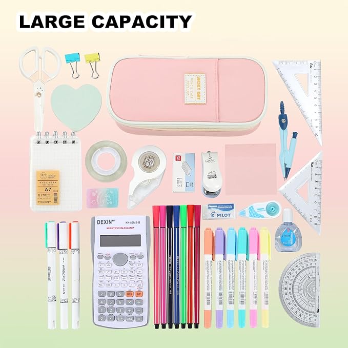 Pencil Case for Girls Kids Teens Adults Big Pencil Bag with Zipper Big Pen Pouch Large Stationery Pen Case Organizer for School Pink-DeskLoop Office