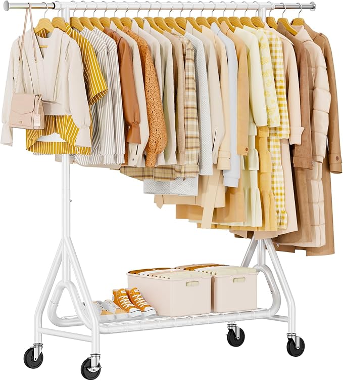 Heavy Duty Clothes Rack, Metal Clothing Rack Load 450 LBS, Rolling Coat Racks for Hanging Clothes with Lockable Wheels, Wardrobe Closet Garment Racks for Bedroom, White-DeskLoop Office