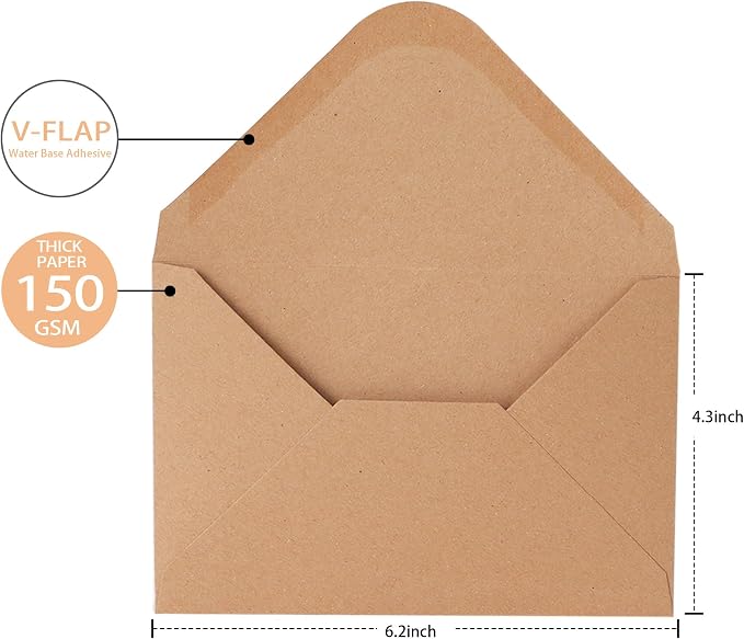 V-flap Kraft Envelopes, 50 Pack, 4 x 6 Inch, A4 Envelopes, Card Envelopes - Image 2